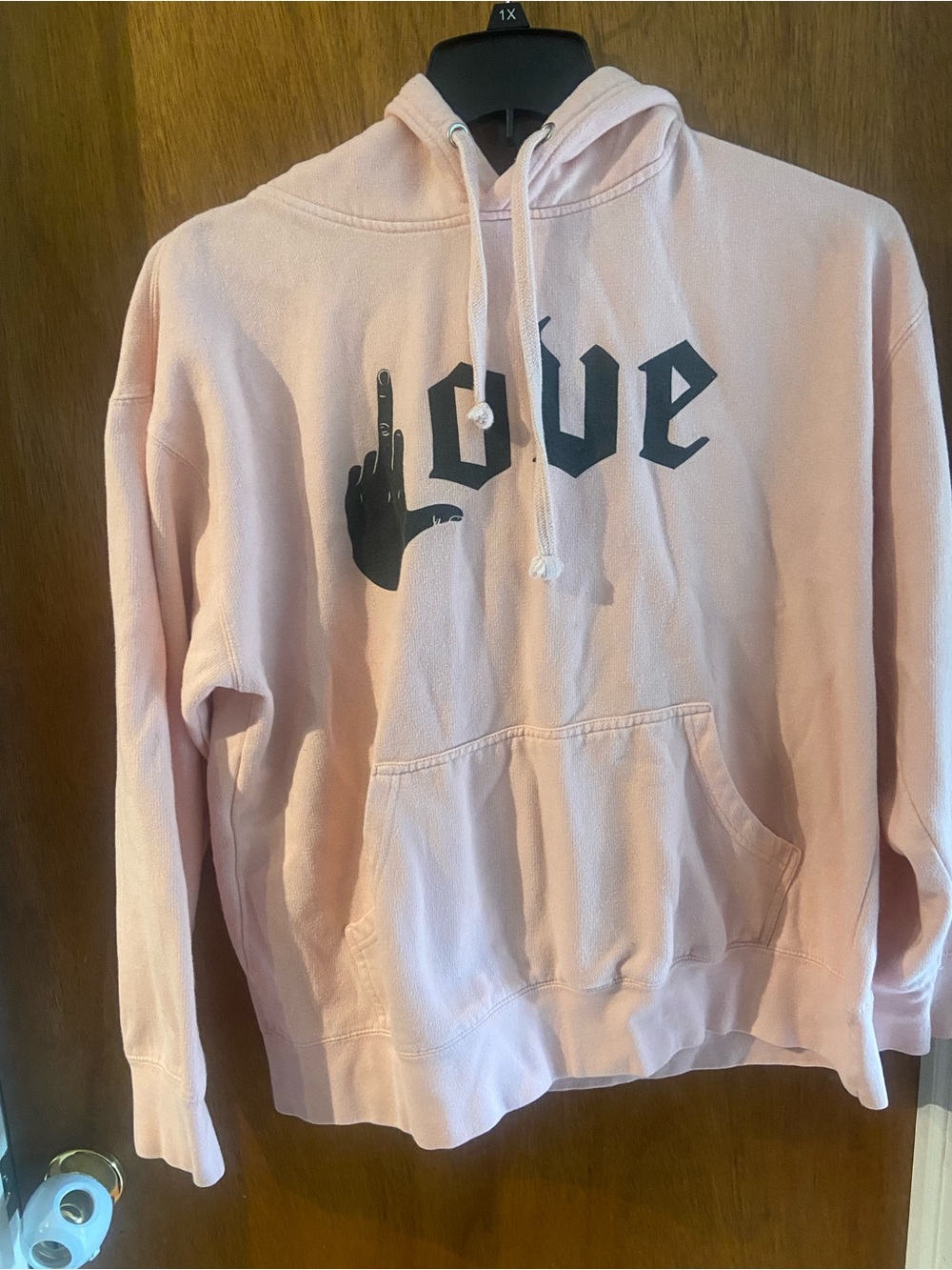 Fashion Nova Men Pink 'LOVE' Middle Finger Graphic Hoodie Sweater Size Large